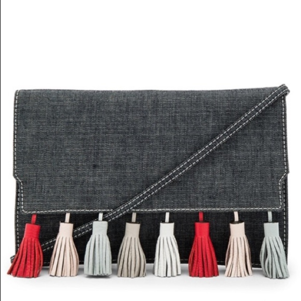 Rebecca Minkoff Sophie denim tassel clutch